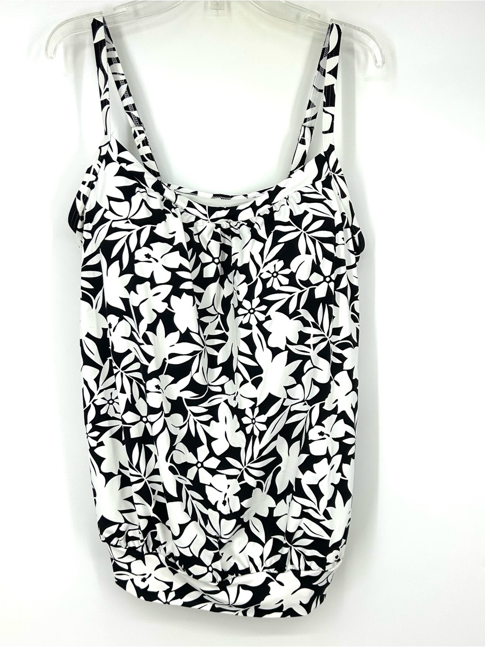 Lands End Blouson Tankini Swim Top Black White Floral